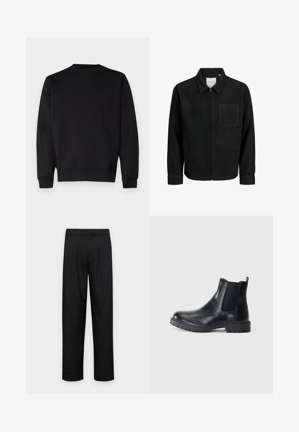 Zwarte zip-up jas met kraag en enkele borstzak, weergegeven op een witte achtergrond.; Zwarte sweatshirt gemaakt van zachte stof, met een ronde halslijn, lange mouwen en ribgebreide manchetten en onderzoom voor een aansluitende look.; Zwarte broeken van gladde stof, met een recht model, twee voorknikken en een standaard tailleband met riemlussen.; Zwarte leren Chelsea-boots met elastische zijpanelen, ronde neus en rubberen antislipzool. Minimalistisch design met een aantreklabel.
