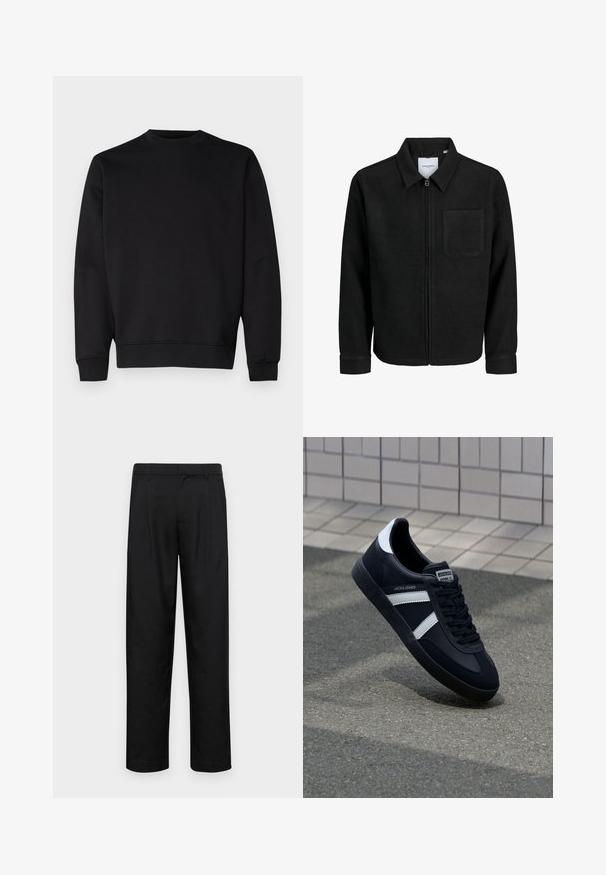 Giacca nera con zip, colletto e una tasca sul petto, mostrata su sfondo bianco.; Felpa nera realizzata in tessuto morbido, con collo rotondo, maniche lunghe e polsini e orlo a coste per un look aderente.; Pantaloni neri realizzati in tessuto liscio, caratterizzati da un taglio dritto, due pieghe frontali e una vita standard con passanti per la cintura.; Sneaker neri in pelle con strisce bianche, suola in gomma texturizzata e allacciatura frontale. Presenta un'etichetta con il marchio sulla linguetta.