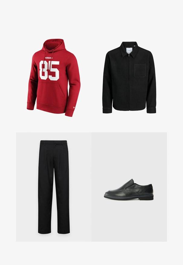 Schwarze Zip-Jacke mit Kragen und einer einzelnen Brusttasche, auf weißem Hintergrund präsentiert.; Rote Kapuzenjacke mit großem weißen "85" Aufdruck auf der Vorderseite, ausgestattet mit einer Kängurutasche und gerippten Bündchen für eine gute Passform.; Schwarze Hose aus glattem Stoff, mit geradem Bein Design, zwei vorderen Falten und einem Standardbund mit Gürtelschlaufen.; Schwarze Leder-Slipper mit glattem Obermaterial, gesteppten Akzenten, runder Zehenpartie und niedrigem Gummiabsatz. Die Sohle hat ein minimales Profil.