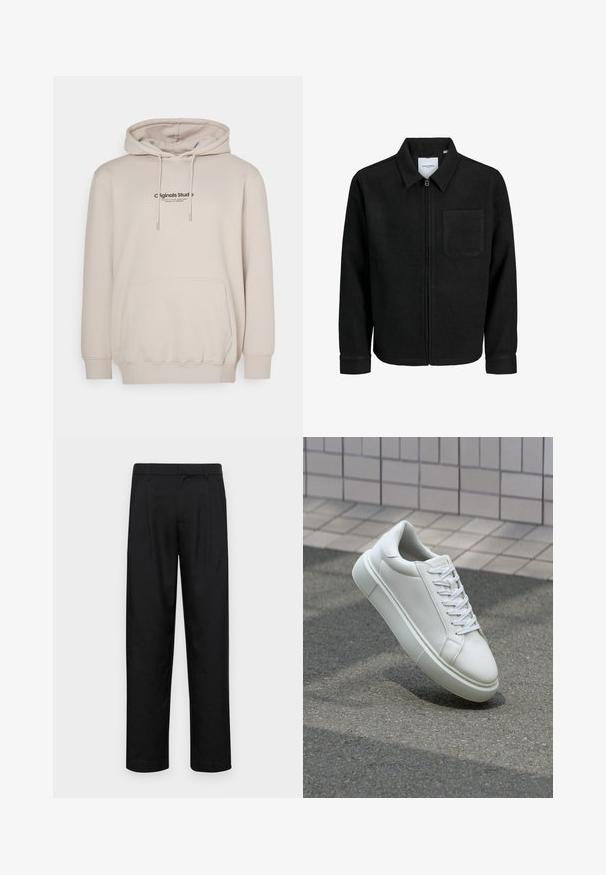 Mustaga lukuga jakker, millel on krae ja üks rinna-tasku, esitatud valgel taustal.; Jack & Jones JORVESTERBRO HOOD - Kapuutsiga pusa - moonbeam; Mustad mustadest riietest, millel on sirge jalgade disain, kaks eesmist voltimist ja tavaline vöökoht, millel on vöökohad.; Valge nahkline sneka, millel on sile pind, ümar varvas ja lame valge pael. Omab tekstuuriga kummist talla ja minimaalset kujunduselementi.