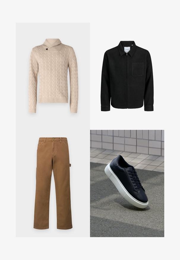 Giacca nera con zip, colletto e una tasca sul petto, mostrata su sfondo bianco.; Maglione beige a maglia con collo alto e un dettaglio a un bottone. Realizzato in tessuto testurizzato, presenta polsini e orlo a coste.; Pantaloni cargo marroni in cotone con gambe dritte, dotati di tasche laterali e chiusura con bottone metallico in vita. Tessuto liscio e design casual.; Sneaker in pelle nera con punta arrotondata e suola in gomma bianca. Presenta lacci piatti e cuciture minime sulla parte superiore. Suola testurizzata per una migliore aderenza.