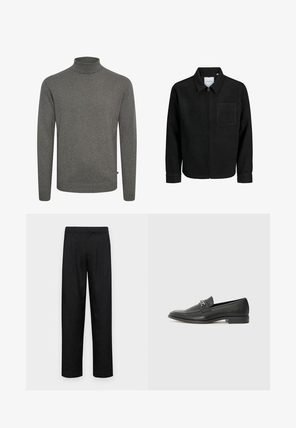 Schwarze Zip-Jacke mit Kragen und einer einzelnen Brusttasche, auf weißem Hintergrund präsentiert.; Grauer Rollkragenpullover aus weichem Strickmaterial. Verfügt über einen eng anliegenden Kragen und lange Ärmel mit gerippten Bündchen und Saum.; Schwarze Hose aus glattem Stoff, mit geradem Bein Design, zwei vorderen Falten und einem Standardbund mit Gürtelschlaufen.; Schwarzer Lederloafer mit glatter Oberfläche, ausgestattet mit einer gesteppten Gestaltung und einem dekorativen Metallkettendetail über dem Vorderblatt. Flacher Absatz.