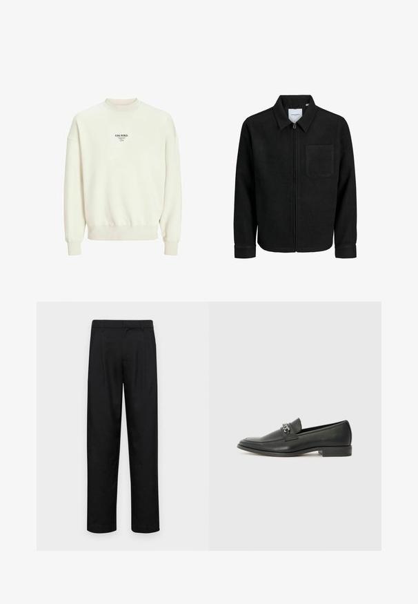 Melna jaka ar rāvējslēdzēju un apkakli, vienu krūšu kabatu, parādīta uz baltas fona.; Krēmkrāsas sporta krekls ar ribotu apkakli, elastīgām aprocēm un apakšmalu. Priekšpusē ir melns drukāts logo. Mīksta tekstūra.; Melnas bikses, izgatavotas no gludas auduma, ar taisnu kāju dizainu, divām priekšējām krokām un standarta jostu, kurai ir āķi.; Melna ādas loafer izmēra apavi ar gludu virsmu, piedāvā ar šūtu dizainu un dekoratīvu metāla ķēdes akcentu pār vampu. Plakana papēža daļa.