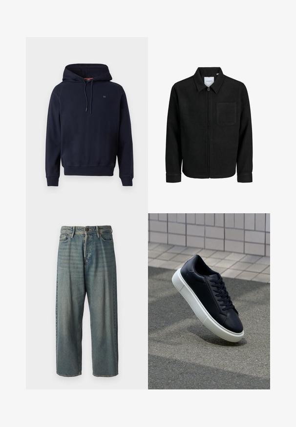 Črna jakna z zadrgo in ovratnikom ter enim žepom na prsih, prikazana na beli podlagi.; Temno modra kapuca s dolgimi rokavi, sprednjimi vrvicami, ribastimi manšetami in robom ter majhnim logotipom na prsih.; Svetlomoderne kavbojke z ohlapnim krojem, srednjim pasom in ravnimi nogami. Imajo pet žepov, zanke za pas in zapiranje na gumb.; Črne usnjene superge z zaobljenim prstom in belim gumijastim podplat. Imajo ravne vezalke in minimalno šivanje na zgornjem delu. Teksturirani podplat za oprijem.