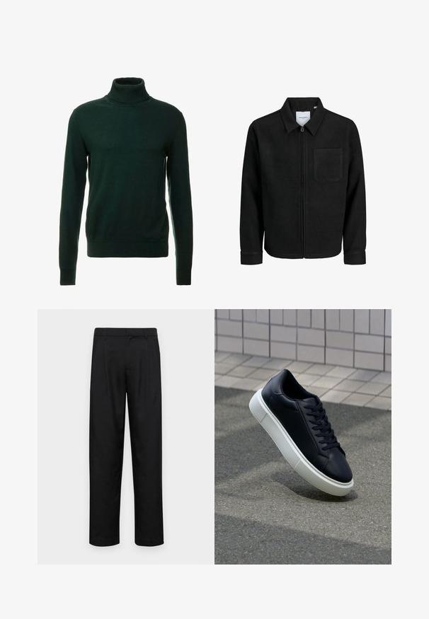 Čierna zipsová bunda s golierom a jednou náprsníkou, vystavená na bielom pozadí.; Tmavozelený rolák vyrobený z hladkého úpletového materiálu. Má dlhé rukávy a tesne priliehajúci golier. Klasický dizajn, bez vzorov.; Čierne nohavice vyrobené z hladkej tkaniny, s rovnými nohavicami, dvoma prednými skladmi a štandardným pásom s pútkami na opasok.; Čierne kožené tenisky s okrúhlou špičkou a bielou gumovou podrážkou. Majú ploché šnúrky a minimálne šitie na vrchu. Textúrovaná podrážka pre lepšiu priľnavosť.