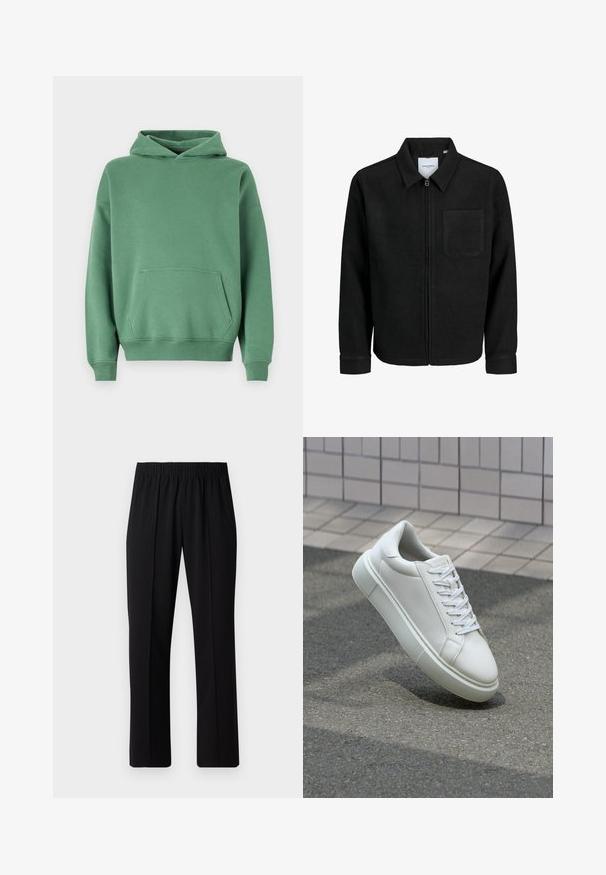 Black zip-up jacket with collar and single chest pocket, displayed on white background.; Abercrombie & Fitch Essential Popover Hoodie - Sweatshirt - myrtle; Black, elastic-waist trousers with a straight-leg design, featuring a smooth texture and no visible patterns or hardware.; White leather sneaker with a smooth surface, round toe, and flat white laces. Features a textured rubber sole and minimal design elements.
