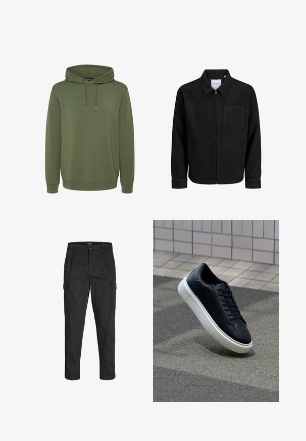 Fekete, zipzáros dzseki gallérral és egyetlen mellzsebbel, fehér háttéren.; Olíva zöld kapucnis pulóver, puha anyagból készült, tágas kapucnival és húzózsinórral rendelkezik, valamint bordás mandzsettákkal és szegéllyel, a kényelmes illeszkedés érdekében.; Fekete cargo nadrág, amely tartós anyagból készült, több zsebet tartalmaz, gombos záródással rendelkezik, és karcsú szabású, szűkített lábakkal bír.; Fekete bőr sportcipő lekerekített orral és fehér gumitalppal. Lapos fűzőkkel és minimális varrásokkal rendelkezik a felsőrészén. Mintás talp a tapadásért.