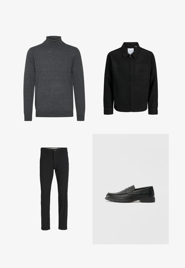 Black zip-up jacket with collar and single chest pocket, displayed on white background.; Gray turtleneck sweater made of soft knit fabric. Features a ribbed neckline and cuffs, long sleeves, and a simple, unembellished design.; Black cotton blend pants with a slim fit, featuring a button closure, pockets, and rolled cuffs for a casual finish.; Black leather loafers with a smooth finish, moccasin-style upper, stitched detailing, and a rubber sole. Classic design with a low heel.