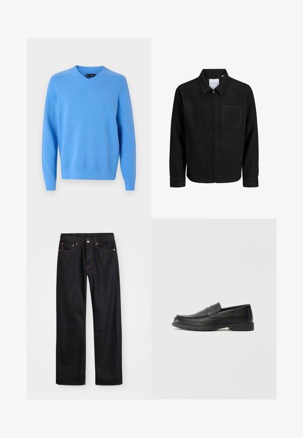 Črna jakna z zadrgo in ovratnikom ter enim žepom na prsih, prikazana na beli podlagi.; Svetlo modra pulover z V-izrezom iz mehkega pletenega materiala. Ima dolge rokave, rebraste manšete in sproščen kroj. Brez vidnih vzorcev ali dodatkov.; Moške črne kavbojke ravnega kroja z petimi žepi in oranžnim šivanjem, z gumbom in zadrgo na sprednjem pasu.; Črne usnjene loafer čevlje z gladko površino, zgornjim delom v slogu mokasin, šivanimi detajli in gumijastim podplatom. Klasična zasnova z nizko peto.