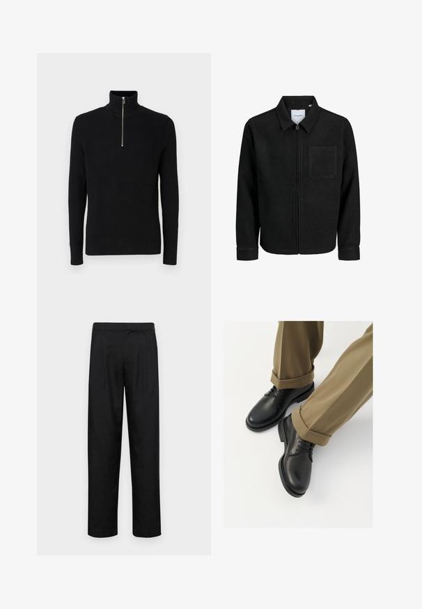 Mustaga lukuga jakker, millel on krae ja üks rinna-tasku, esitatud valgel taustal.; Must mustriba kaelusega must sviiter, millel on veerandi tõmbluku disain ja pikad varrukad. Valmistatud tekstuurist materjalist, millel on vertikaalne ribakujundus.; Mustad mustadest riietest, millel on sirge jalgade disain, kaks eesmist voltimist ja tavaline vöökoht, millel on vöökohad.; Mustad mustad naha kingad, millel on sile viimistlus, sidemed ja ümar nina, on kombineeritud üleskeeratud khaki pükstega.