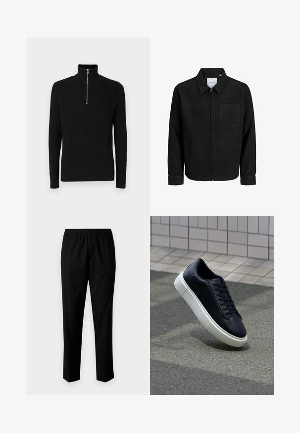Črna jakna z zadrgo in ovratnikom ter enim žepom na prsih, prikazana na beli podlagi.; Črna rebrasta pulover s turtleneck izrezom in četrtim zadrgo ter dolgimi rokavi. Izdelan iz teksturiranega materiala, z navpičnim rebrastim vzorcem.; Črne hlače z elastičnim pasom, s ravnim krojem. Tkanina se zdi gladka z mat teksturo, brez vidnih vzorcev.; Črne usnjene superge z zaobljenim prstom in belim gumijastim podplat. Imajo ravne vezalke in minimalno šivanje na zgornjem delu. Teksturirani podplat za oprijem.
