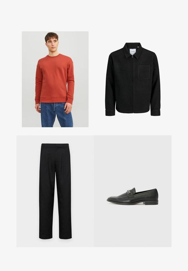 Schwarze Zip-Jacke mit Kragen und einer einzelnen Brusttasche, auf weißem Hintergrund präsentiert.; Jack & Jones JJESTAR BASIC CREW NECK - Sweatshirt - cinnabar; Schwarze Hose aus glattem Stoff, mit geradem Bein Design, zwei vorderen Falten und einem Standardbund mit Gürtelschlaufen.; Schwarzer Lederloafer mit glatter Oberfläche, ausgestattet mit einer gesteppten Gestaltung und einem dekorativen Metallkettendetail über dem Vorderblatt. Flacher Absatz.