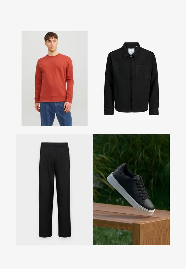 Čierna zipsová bunda s golierom a jednou náprsníkou, vystavená na bielom pozadí.; Jack & Jones JJESTAR CREW NECK - Mikina - cinnabar; Čierne nohavice vyrobené z hladkej tkaniny, s rovnými nohavicami, dvoma prednými skladmi a štandardným pásom s pútkami na opasok.; Čierne kožené tenisky s hladkým povrchom, biela gumená podrážka a šesť dierok na šnúrky, vystavené na drevenom povrchu.