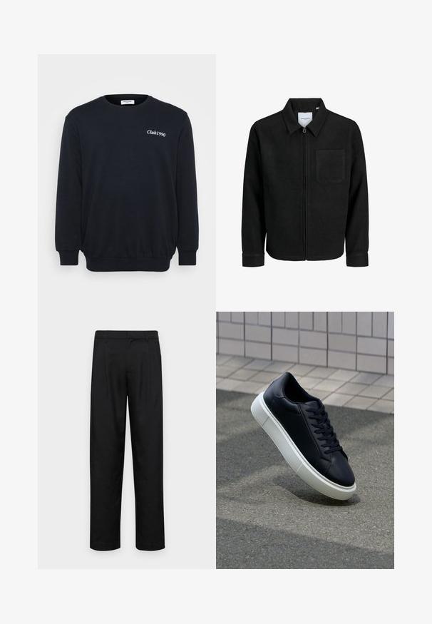 Črna jakna z zadrgo in ovratnikom ter enim žepom na prsih, prikazana na beli podlagi.; Črna majica s dolgimi rokavi, z ribastimi manšeti in robom. Na prsih ima belo besedilo "Club1990". Narejena je iz mehkega, teksturiranega materiala.; Črne hlače iz gladkega materiala, s krojem ravne noge, dvema sprednjima pregiboma in standardnim pasom z zankami za pas.; Črne usnjene superge z zaobljenim prstom in belim gumijastim podplat. Imajo ravne vezalke in minimalno šivanje na zgornjem delu. Teksturirani podplat za oprijem.