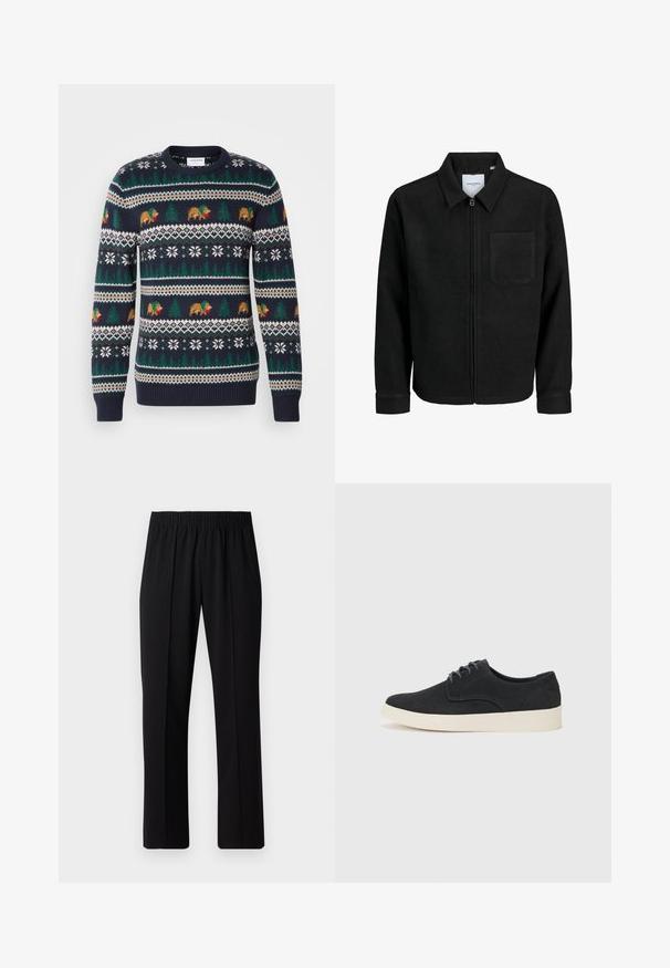 Fekete, zipzáros dzseki gallérral és egyetlen mellzsebbel, fehér háttéren.; Tengerészeti kék kötött pulóver ünnepi mintával, melyen medvék, fák és hópehely motívumok láthatók zöld, barna és fehér színekben. A pulóver bordázott ujjaival és alsó széllel rendelkezik.; Fekete, gumíros derekú nadrág egyenes szabással, sima felülettel, látható minták vagy fémrészek nélkül.; Fekete velúr fűzős cipő lekerekített orral, könnyű krém színű talppal és finom kék varrásokkal a felsőrészen.