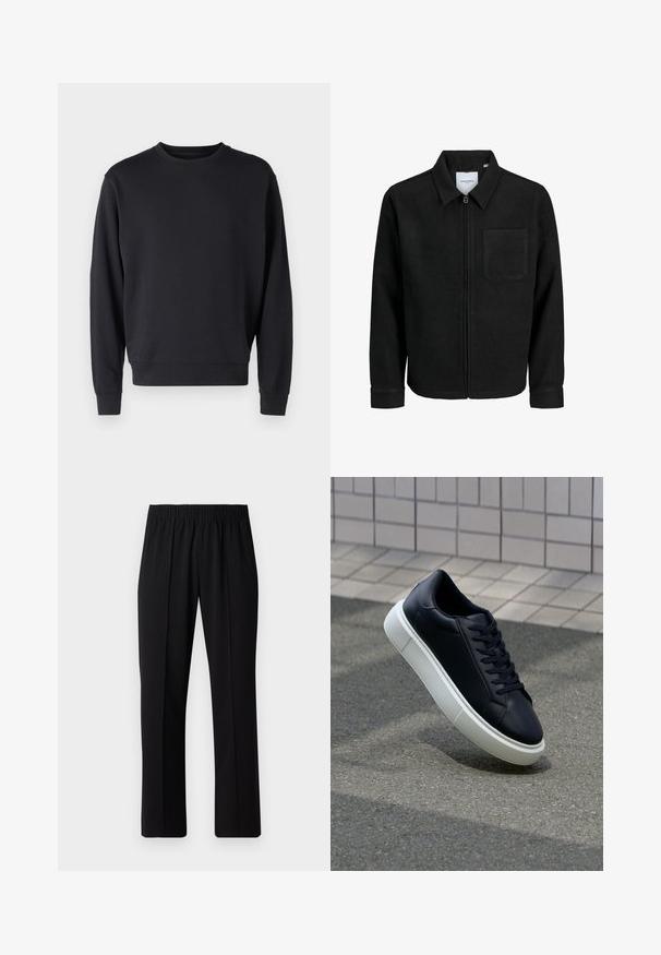 Čierna zipsová bunda s golierom a jednou náprsníkou, vystavená na bielom pozadí.; Čierny sveter vyrobený z bavlneného zloženia s okrúhlym výstrihom, dlhými rukávmi a rebrovanými manžetami a spodným okrajom. Hladká textúra, minimalistický dizajn.; Čierne nohavice s elastickým pásom a rovnými nohavicami, majú hladkú textúru a žiadne viditeľné vzory ani kovové doplnky.; Čierne kožené tenisky s okrúhlou špičkou a bielou gumovou podrážkou. Majú ploché šnúrky a minimálne šitie na vrchu. Textúrovaná podrážka pre lepšiu priľnavosť.