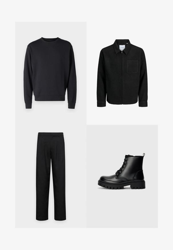 Schwarze Zip-Jacke mit Kragen und einer einzelnen Brusttasche, auf weißem Hintergrund präsentiert.; Schwarzer Hoodie aus Baumwollmischung mit rundem Halsausschnitt, langen Ärmeln und gerippten Bündchen und Saum. Glatte Textur, minimalistisches Design.; Schwarze Hose aus glattem Stoff, mit geradem Bein Design, zwei vorderen Falten und einem Standardbund mit Gürtelschlaufen.; Schwarze Leder-Stiefeletten mit runder Spitze, Schnürdesign und einer robusten, dicken Sohle. Verfügt über eine Ziehschlaufe an der Ferse und silberne Beschläge.