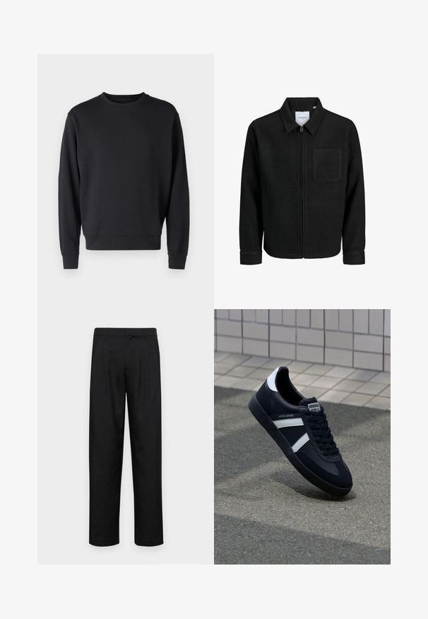 Mustaga lukuga jakker, millel on krae ja üks rinna-tasku, esitatud valgel taustal.; Must mustelaste segu, ümmarguse kaeluse, pikkade käiste ja soonikkoeservadega must pusake. Sile tekstuur, minimalistlik disain.; Mustad mustadest riietest, millel on sirge jalgade disain, kaks eesmist voltimist ja tavaline vöökoht, millel on vöökohad.; Must have musta sneaker musta valgete triipudega, tekstuurne kummitald ja nööridega esiosa. Omab bränditud märki keele peal.