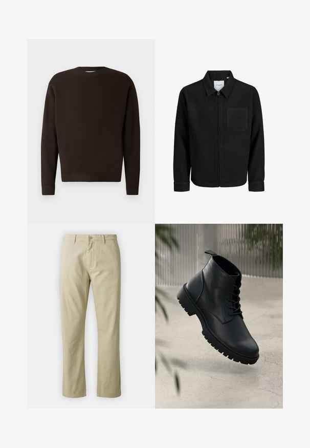 Črna jakna z zadrgo in ovratnikom ter enim žepom na prsih, prikazana na beli podlagi.; Temno rjav pulover s krožnim izrezom, izdelan iz teksturirane tkanine. Ima dolge rokave ter rebraste manšete in rob. Minimalistična zasnova brez vzorcev ali dodatkov.; Bež bombažne hlače s ravnim krojem, sprednjim gumbom in zankami za pas. Gladka tekstura, brez vidnih vzorcev ali akcentov.; Črne usnjene gležnjarje z zaobljenim nosom, s vezalkami in trdim gumijastim podplatom. Gladka tekstura z zanko na hrbtni strani.