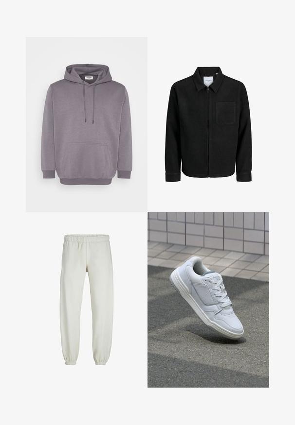 Crna jakna na zip s ovratnikom i jednim džepom na prsima, prikazana na bijeloj pozadini.; Siva dukserica s kapuljačom na vezanje, prednjim džepom, rebrastim manžetama i donjim rubom. Napravljena od meke pamučne tkanine s glatkom teksturom.; Bijele trenirke napravljene od mekanog materijala, s elastikom u struku i na manžetama, glatke teksture i labavog kroja.; Bijele kožne tenisice s perforiranim bočnim dijelovima, teksturiranim akcentima, ravnim vezicama i kontrastnim sivim petom. Imaju blago povišenu potplat.