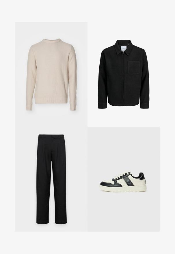 Black zip-up jacket with collar and single chest pocket, displayed on white background.; Knit sweater in light beige with a textured pattern, round neckline, ribbed cuffs and hem, crafted from a soft, warm material.; Black trousers made of smooth fabric, featuring a straight-leg design, two front pleats, and standard waistband with belt loops.; Leather sneakers with a black and cream color scheme, featuring perforated accents, a padded collar, and a textured outsole.