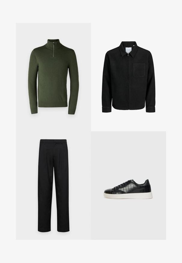 Schwarze Zip-Jacke mit Kragen und einer einzelnen Brusttasche, auf weißem Hintergrund präsentiert.; Grüner Pullover mit langen Ärmeln und hohem Kragen sowie kurzem Reißverschluss. Hergestellt aus weichem Stoff, mit gerippten Bündchen und Saum.; Schwarze Hose aus glattem Stoff, mit geradem Bein Design, zwei vorderen Falten und einem Standardbund mit Gürtelschlaufen.; Schwarze Sneakers mit einer strukturierten, krokodilPrägung aus Leder, runder Zehenpartie und einer kontrastierenden weißen Gummisohle mit glatter Oberfläche.