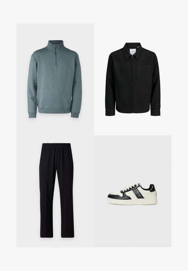 Zwarte zip-up jas met kraag en enkele borstzak, weergegeven op een witte achtergrond.; Jack & Jones JJEBRADLEY HALF ZIP - Sweater - goblin blue; Zwarte, elastische broek met rechte pijpen, met een gladde textuur en zonder zichtbare patronen of hardware.; Leren sneakers met een zwart en crèmekleurig kleurenschema, voorzien van geperforeerde accenten, een gevoerde kraag en een gestructureerde buitenzool.