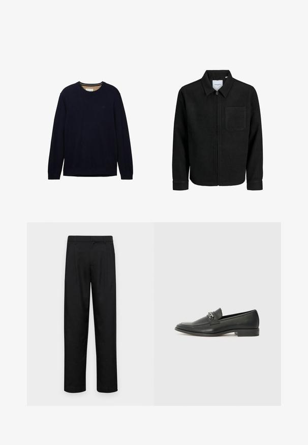 Čierna zipsová bunda s golierom a jednou náprsníkou, vystavená na bielom pozadí.; Námořnická modrá mikina vyrobená z měkkého materiálu, s kulatým výstřihem, dlouhými rukávy a jemným logem na prsou. Hladká textura a uvolněný střih.; Čierne nohavice vyrobené z hladkej tkaniny, s rovnými nohavicami, dvoma prednými skladmi a štandardným pásom s pútkami na opasok.; Čierne kožené loafers s hladkým povrchom, s prešitým dizajnom a dekoratívnym kovovým reťazovým akcentom cez priehlavok. Plochý podpätok.