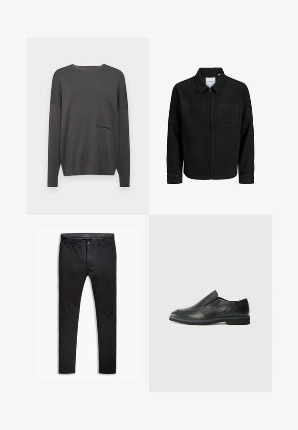Czarna kurtka z zamkiem na całej długości, z kołnierzem i jedną kieszenią na piersi, umieszczona na białym tle.; Szary antracytowy sweter z długim rękawem, wykonany z dzianiny, z okrągłym dekoltem i pojedynczą kieszenią na klatce piersiowej. Miękka tekstura, luźny krój i ściągacze przy rękawach.; Czarne bawełniane chino z tapered fit, posiadające pięć kieszeni, szlufki na pasek oraz gładką fakturę. Zamek błyskawiczny z zapięciem na guzik.; Czarne skórzane buty wsuwane z gładką cholewką, przeszyciami, okrągłym noskiem i niskim gumowym obcasem. Podeszwa ma minimalny bieżnik.