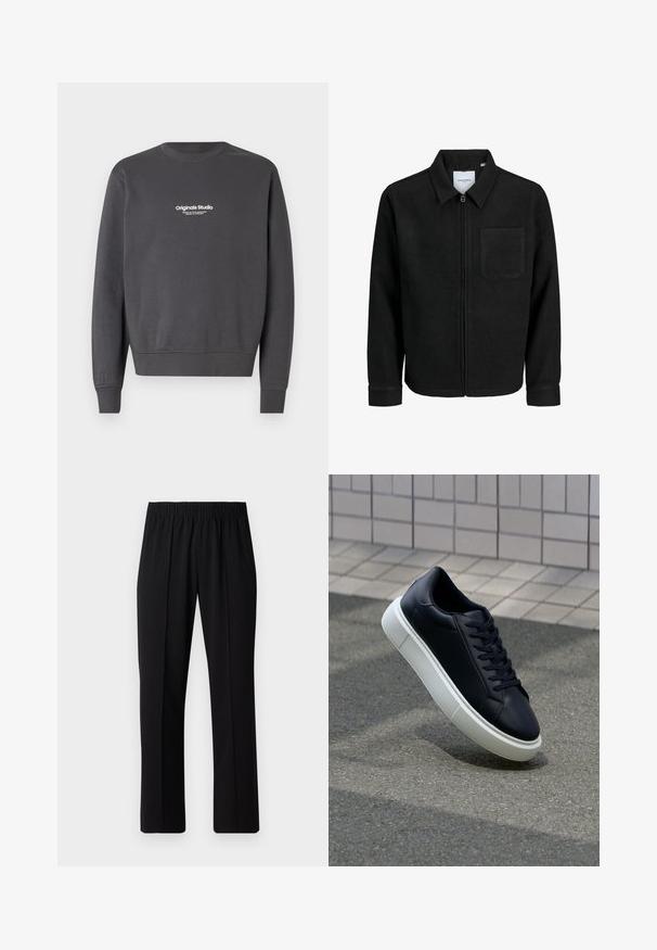 Czarna kurtka z zamkiem na całej długości, z kołnierzem i jedną kieszenią na piersi, umieszczona na białym tle.; Ciemnoszara bluza z długimi rękawami, okrągłym dekoltem i ściągaczami przy mankietach. Posiada mały biały napis z logo na obszarze klatki piersiowej.; Czarne spodnie z elastycznym pasem o prostym kroju, z gładką strukturą i bez widocznych wzorów czy elementów metalowych.; Czarne skórzane sneakersy z okrągłym noskiem i białą gumową podeszwą. Posiadają płaskie sznurowadła i minimalne przeszycia na cholewce. Teksturowana podeszwa zapewnia przyczepność.