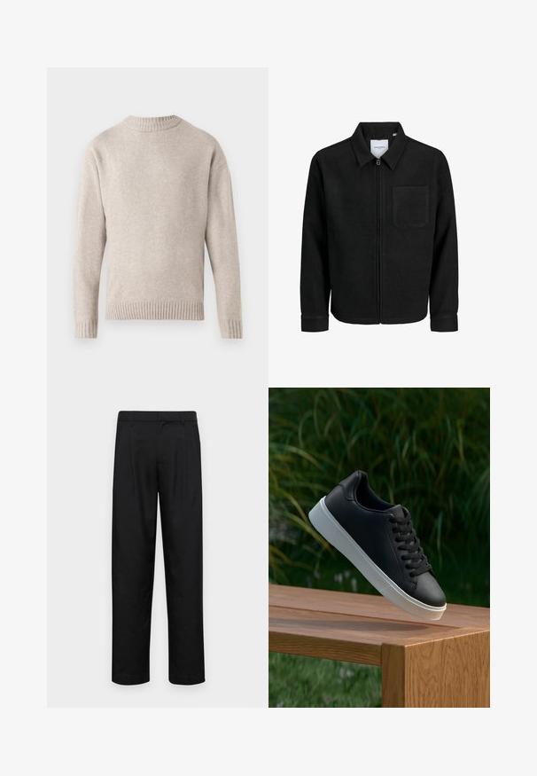 Chaqueta negra con cremallera y cuello, con un solo bolsillo en el pecho, expuesta sobre un fondo blanco.; Suéter de punto beige con cuello redondo, puños y dobladillo acanalados, y una textura suave. Presenta un corte relajado y mangas largas.; Pantalones negros de tela suave, con un diseño de pierna recta, dos pliegues frontales y una cintura estándar con trabillas para el cinturón.; Zapatilla negra de cuero con una textura suave, suela de goma blanca y seis ojetes para cordones, exhibida sobre una superficie de madera.