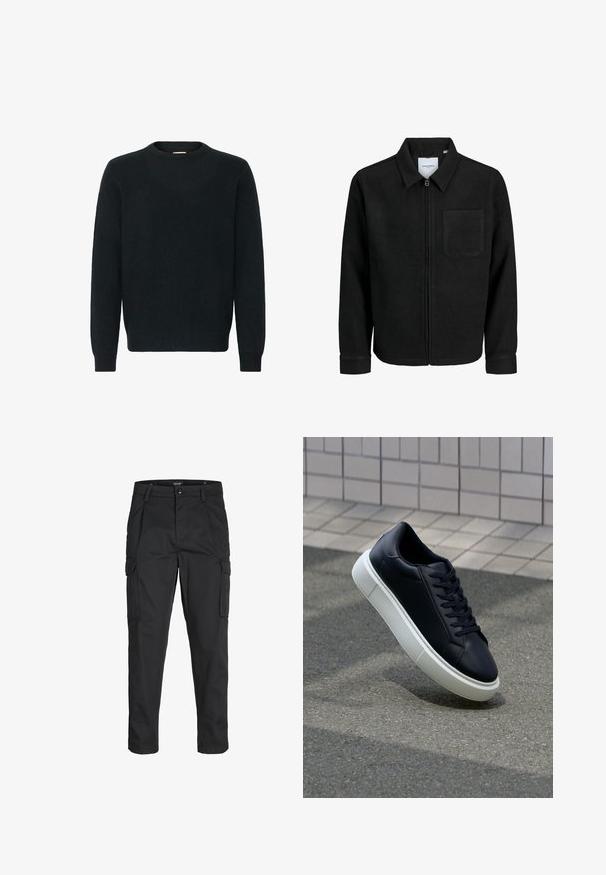 Černá zipová bunda s límečkem a jednou kapsou na hrudi, vystavená na bílém pozadí.; Černý svetr s kulatým výstřihem vyrobený z měkké pleteniny. Dlouhé rukávy, žebrované manžety a lem s hladkou strukturou a minimalistickým designem.; Černé cargo kalhoty vyrobené z odolné tkaniny, s mnoha kapsami, knoflíkovým zapínáním a slim fit střihem se zúženými nohavicemi.; Černé kožené tenisky s kulatou špičkou a bílou gumovou podrážkou. mají ploché tkaničky a minimální šití na svršku. Texturovaná podrážka pro lepší přilnavost.