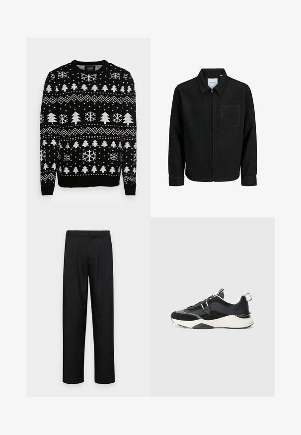 Melna jaka ar rāvējslēdzēju un apkakli, vienu krūšu kabatu, parādīta uz baltas fona.; Denim Project X MAS TREE - Džemperis - black; Melnas bikses, izgatavotas no gludas auduma, ar taisnu kāju dizainu, divām priekšējām krokām un standarta jostu, kurai ir āķi.; Melni sporta apavi, kas izgatavoti no samta un acs materiāliem, ar masīvu baltu zoli un atstarotājiem. Iekša ar aukliņu dizainu un cilpu.