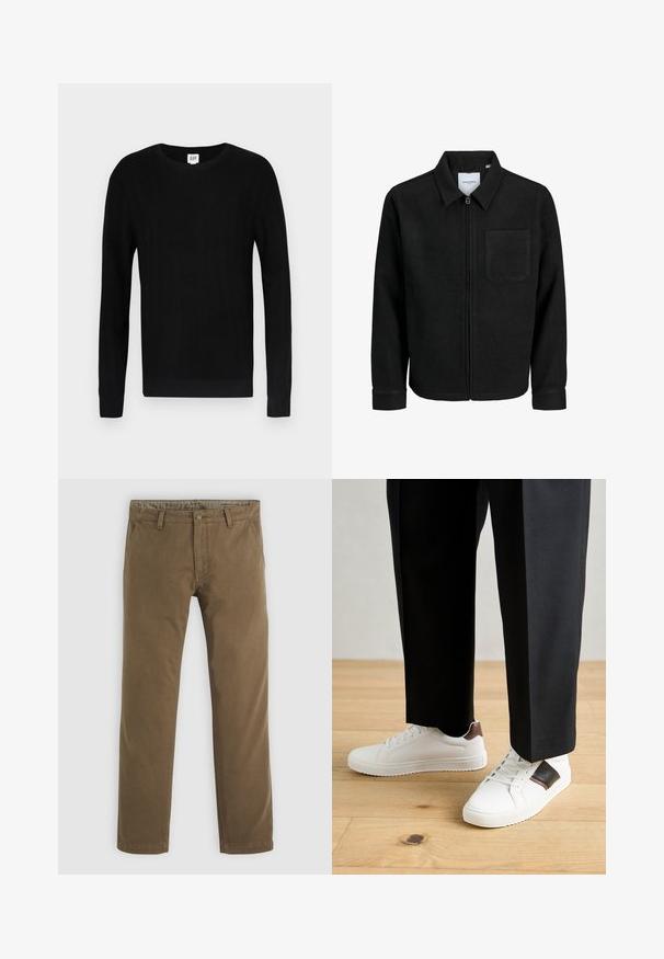 Melna jaka ar rāvējslēdzēju un apkakli, vienu krūšu kabatu, parādīta uz baltas fona.; Melns džemperis ar ribotu tekstūru, garām piedurknēm un apaļu kakla izgriezumu. Piedāvā ciešu piegulumu ar tīru dizainu. Zīmola logo kakla daļā.; Khaki kokvilnas bikses ar taisnu kāju dizainu, ar pogu aizdari, divām priekšējām kabatām un gludu tekstūru.; Baltā pārsoļa apavi ar gludu tekstūru, papildināti ar brūniem ādas akcentiem un melniem elementiem, savienoti ar melnām pielāgotām biksēm. Koka grīdas fons.