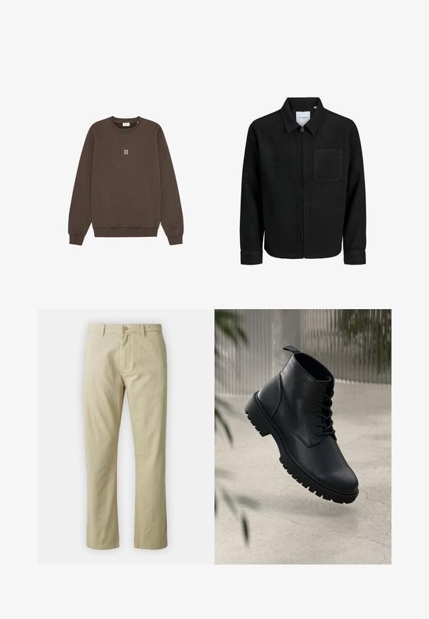 Fekete, zipzáros dzseki gallérral és egyetlen mellzsebbel, fehér háttéren.; Barna pamut pulóver, kerek nyakkivágással, bordás mandzsettákkal, és egy kis "II" logóval, amely a mellkas közepén található. Puha tapintású.; Beige színű, egyenes lábú pamut nadrág, elöl gombos záródással és övhurkokkal. Simaság jellemzi, látható minták vagy díszítések nélkül.; Fekete bőr bokacsizmák lekerekített orral, fűzős dizájnnal és strapabíró gumitalppal. Simább textúrájú, hátul húzófüllel ellátva.