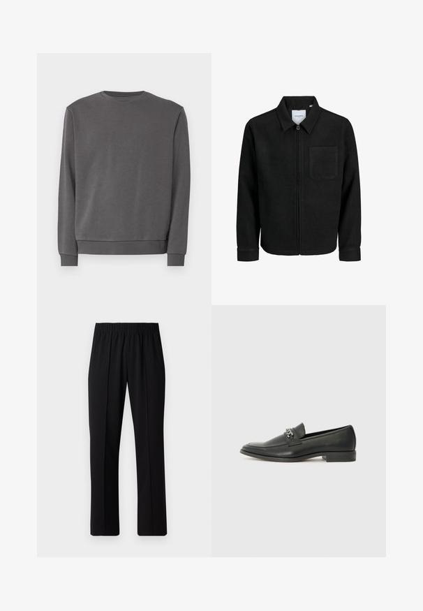 Black zip-up jacket with collar and single chest pocket, displayed on white background.; Gray sweatshirt made of soft cotton blend fabric, featuring a round neck, long sleeves, and ribbed cuffs and hem. Smooth texture, no patterns.; Black, elastic-waist trousers with a straight-leg design, featuring a smooth texture and no visible patterns or hardware.; Black leather loafer with a smooth finish, featuring a stitched design and a decorative metal chain accent across the vamp. Flat heel.