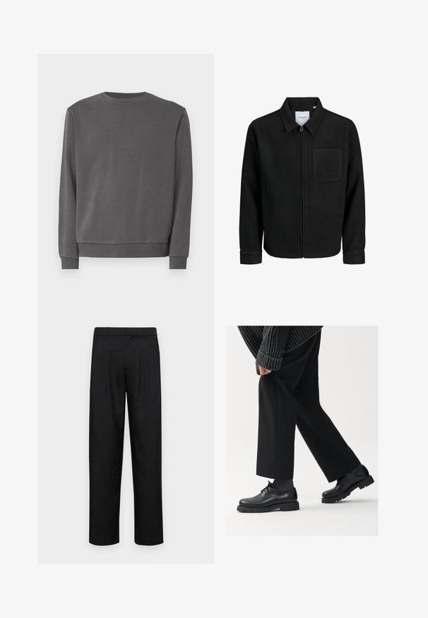 Jachetă neagră cu fermoar, cu guler și un singur buzunar pe piept, expusă pe fundal alb.; Hanorac gri confecționat dintr-un material moale din bumbac, cu guler rotund, mâneci lungi și manșete și tiv din tricot. Textură netedă, fără modele.; Pantaloni negri dintr-un material neted, cu un design drept, două pliuri frontale și un tiv standard cu bucle pentru curea.; Pantofi din piele neagră cu vârf rotunjit, design cu şireturi şi o talpă groasă, texturată. Purtați cu pantaloni negri bine croiți și un pulover cu ripuri.