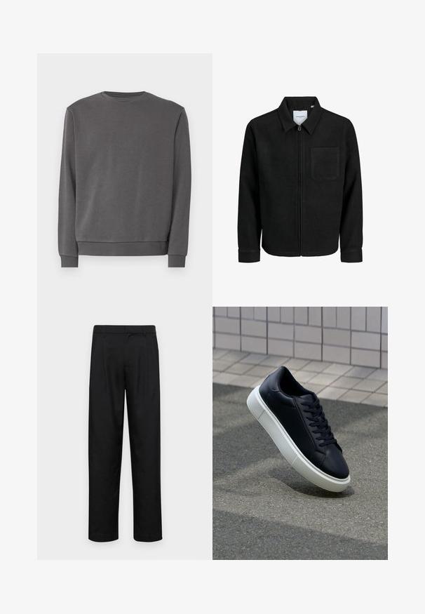 Sort lynlåsjakke med krave og en enkelt brystlomme, vist på hvid baggrund.; Grå sweatshirt lavet af blødt bomuldsblandingsstof, med rund hals, lange ærmer og ribbede manchetter og kant. Glat tekstur, ingen mønstre.; Sorte bukser lavet af glat stof, med et lige ben-design, to frontfolder og en standard talje med bæltestropper.; Sort lædersneaker med rund tå og hvid gummisål. Har flade snørebånd og minimal syning på overdelen. Tekstureret sål for bedre greb.