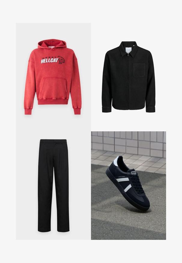 Chaqueta negra con cremallera y cuello, con un solo bolsillo en el pecho, expuesta sobre un fondo blanco.; Sudadera de algodón roja con un bolsillo frontal. Presenta el logo "DODGE HELLCAT" en blanco y negro en el pecho. Puños y dobladillo acanalados. Textura suave.; Pantalones negros de tela suave, con un diseño de pierna recta, dos pliegues frontales y una cintura estándar con trabillas para el cinturón.; Zapatilla de cuero negra con rayas blancas, suela de goma texturizada y parte frontal con cordones. Cuenta con una etiqueta de marca en la lengüeta.