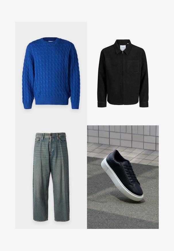 Giacca nera con zip, colletto e una tasca sul petto, mostrata su sfondo bianco.; Maglione azzurro a trecce con scollatura rotonda, polsini e orlo a costine, e un motivo texturizzato su tutto il tessuto.; Jeans di denim azzurro chiaro con vestibilità ampia, vita media e gambe dritte. Presenta cinque tasche, passanti per cintura e chiusura con bottone.; Sneaker in pelle nera con punta arrotondata e suola in gomma bianca. Presenta lacci piatti e cuciture minime sulla parte superiore. Suola testurizzata per una migliore aderenza.