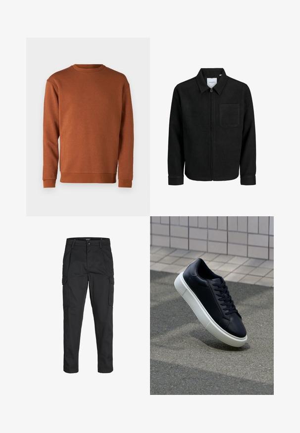 Svart zip-jacka med krage och en enda bröstficka, visad på vit bakgrund.; Jack & Jones JJEBRADLEY CREW - Sweatshirt - mocha bisque; Svarta cargobyxor tillverkade av hållbart tyg, med flera fickor, knappstängning och en smal passform med avsmalnande ben.; Svart lädersneaker med rundad tå och vit gummisula. Har platta snören och minimal sömnad på ovansidan. Texturerad sula för grepp.
