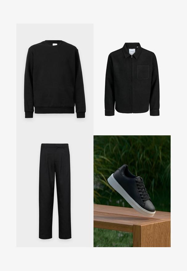 Giacca nera con zip, colletto e una tasca sul petto, mostrata su sfondo bianco.; Felpa nera realizzata in tessuto misto cotone; presenta un collo rotondo, maniche lunghe e polsini e orlo a coste per una vestibilità aderente.; Pantaloni neri realizzati in tessuto liscio, caratterizzati da un taglio dritto, due pieghe frontali e una vita standard con passanti per la cintura.; Sneaker in pelle nera con una texture liscia, suola in gomma bianca e sei grommet per i lacci, posizionata su una superficie di legno.