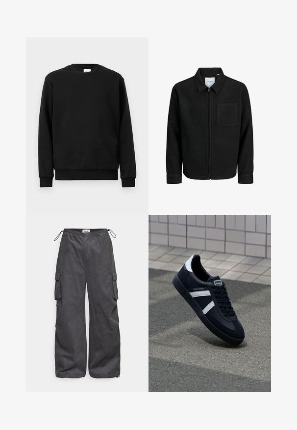 Black zip-up jacket with collar and single chest pocket, displayed on white background.; Black sweatshirt made of cotton blend fabric; features a crew neck, long sleeves, and ribbed cuffs and hem for a snug fit.; Gray cargo pants with a textured fabric, elastic waistband, drawstring, and side pocket details. Loose fit with wide legs.; Black leather sneaker with white stripes, textured rubber sole, and lace-up front. Features a branded label on the tongue.