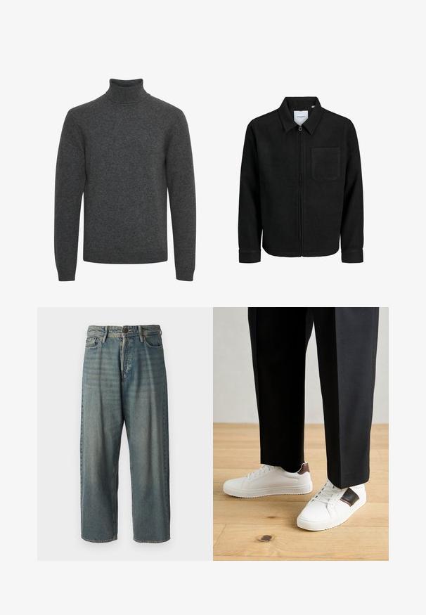 Fekete, zipzáros dzseki gallérral és egyetlen mellzsebbel, fehér háttéren.; Sötét szürke garbó pulóver, puha kötött anyagból; hosszú ujjaival és sima textúrájú bordázott gallérral rendelkezik.; Világoskék farmernadrág, laza fazonnal, közepes derékbőséggel és egyenes szárral. Öt zsebet, övbucskát és gombos záródást tartalmaz.; Fehér sneaker, sima textúrával, barna bőr díszítéssel és fekete részletekkel, fekete szabott nadrággal párosítva. Fából készült padló háttér.
