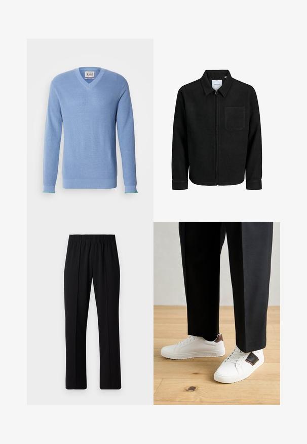 Schwarze Zip-Jacke mit Kragen und einer einzelnen Brusttasche, auf weißem Hintergrund präsentiert.; Helles blaues V-Ausschnitt-Pullover mit geripptem Muster, langen Ärmeln und kontrastierenden grünen Akzenten an den Bündchen. Verfügt über ein Etikett am Hals.; Schwarze, Gummibund-Hosen mit geradem Schnitt, die eine glatte Textur aufweisen und keine sichtbaren Muster oder Beschläge haben.; Weiße Sneakers mit glatter Textur, versehen mit braunen Lederakzenten und schwarzen Details, kombiniert mit schwarzen maßgeschneiderten Hosen. Hintergrund aus Holzboden.