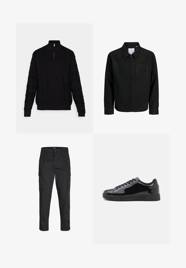 Mustaga lukuga jakker, millel on krae ja üks rinna-tasku, esitatud valgel taustal.; Mustmust, mille kõrge kaeluse ja lühikese tõmbluku ning tekstuurse kudumise mustriga, ribaga mansettide ja ääristega.; Mustad mustapõlvik, mis on valmistatud tugeva koe kasutades, sisaldab mitmeid taskuid, nupule kinnitatav sulgemine ja kitsenev disain.; Mustad musta ähkme nahast tossud ümmarguse varvastega, lame kummist tallaga ja mustade paeltega. Ülemise pinna sile ja läikiv tekstuur.