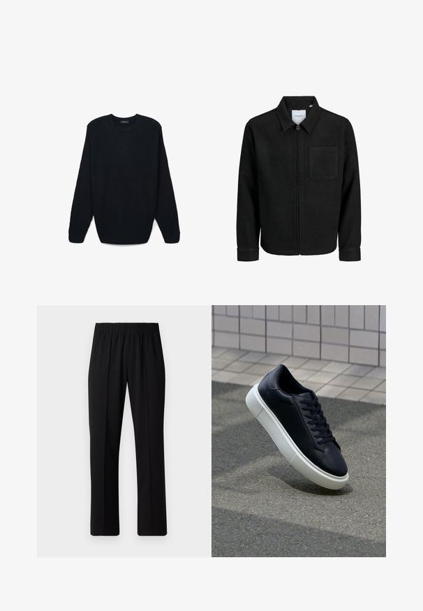Schwarze Zip-Jacke mit Kragen und einer einzelnen Brusttasche, auf weißem Hintergrund präsentiert.; Dunkelgrüner Strickpullover mit rundem Ausschnitt und langen Ärmeln. Merkmale sind der strukturierte Stoff sowie die gerippten Bündchen und der Saum.; Schwarze, Gummibund-Hosen mit geradem Schnitt, die eine glatte Textur aufweisen und keine sichtbaren Muster oder Beschläge haben.; Schwarze Leder-Sneaker mit runder Zehenpartie und weißer Gummisohle. Verfügt über flache Schnürsenkel und minimale Nähte im Obermaterial. Strukturiertes Sohlenprofil für besseren Halt.
