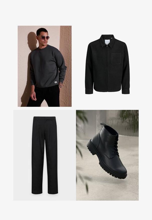 Melna jaka ar rāvējslēdzēju un apkakli, vienu krūšu kabatu, parādīta uz baltas fona.; Tumši pelēks krekliņš ar apaļu izgriezumu, ribotām piedurknēm un mazu zīmolu etiķeti pie apakšas, kombinēts ar apaļām saulesbrillēm.; Melnas bikses, izgatavotas no gludas auduma, ar taisnu kāju dizainu, divām priekšējām krokām un standarta jostu, kurai ir āķi.; Melnas ādas potītēm līdzīgas kurpes ar noapaļotu purngalu, saistīšanas sistēmu un izturīgu gumijas zoli. Gluda virsma ar cilpu aizmugurē.