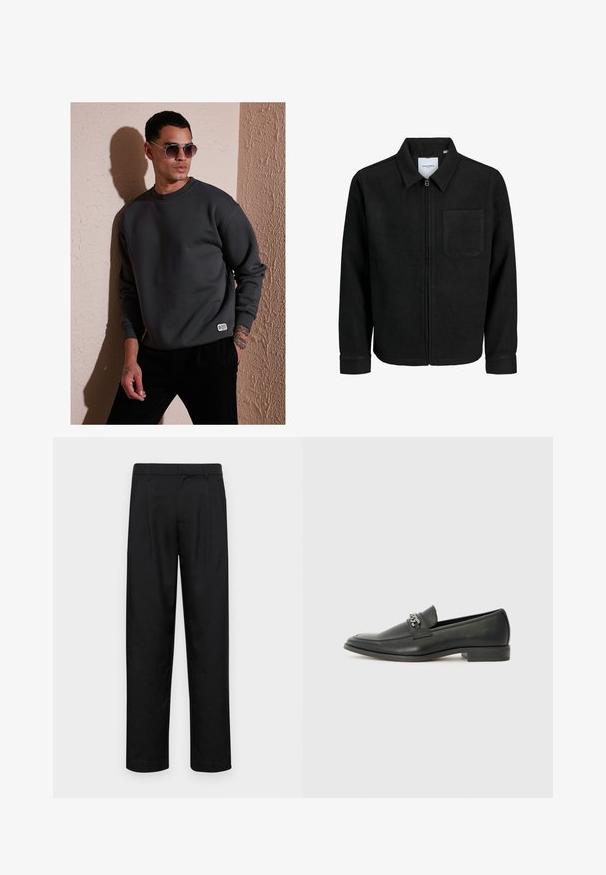 Zwarte zip-up jas met kraag en enkele borstzak, weergegeven op een witte achtergrond.; Donkergrijze sweatshirt met een ronde hals, geribbelde manchetten en een klein merklabel aan de zoom, gecombineerd met ronde zonnebrillen.; Zwarte broeken van gladde stof, met een recht model, twee voorknikken en een standaard tailleband met riemlussen.; Zwarte leren instapper met een gladde afwerking, voorzien van een gestikt ontwerp en een decoratieve metalen kettingaccent over de wreef. Platte hak.