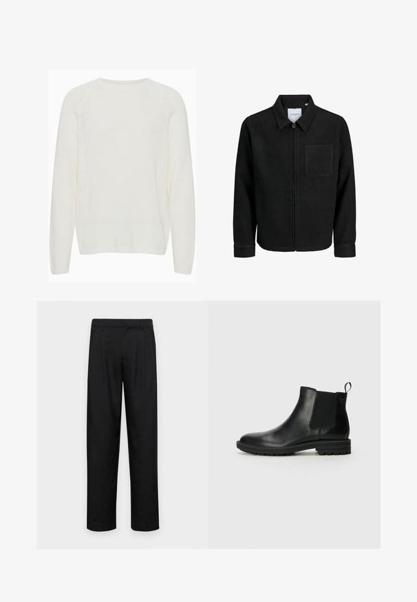 Sort lynlåsjakke med krave og en enkelt brystlomme, vist på hvid baggrund.; Hvid strikket sweater med rund halsudskæring, lange raglanærmer, ribbede manchetter og en let løs pasform. Teksturen fremstår blød og let.; Sorte bukser lavet af glat stof, med et lige ben-design, to frontfolder og en standard talje med bæltestropper.; Jack & Jones JFWHOSKINS - Støvletter - anthracite